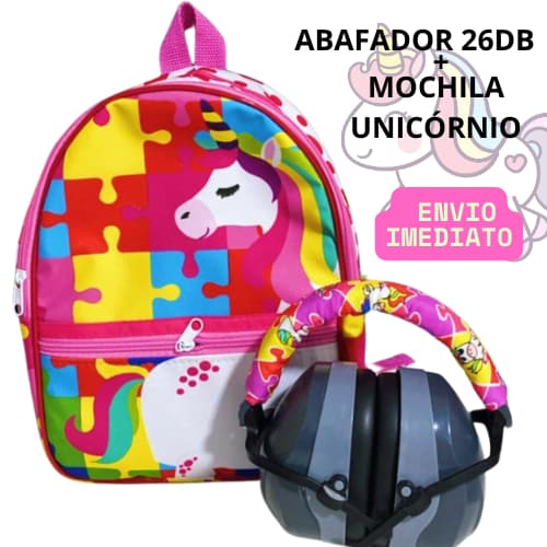 Kit Abafador de ruídos + Mochila autista unicórnio protetor auricular autismo tea
