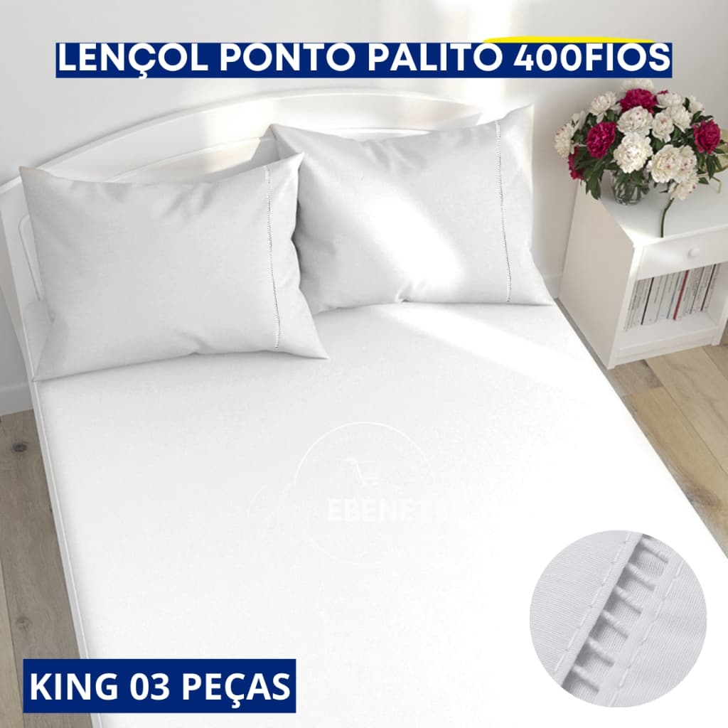 Jogo De Lençol 3 Peças King Padrão 400 Fios C/ Fronha Ponto Palito Macio Confortável Diversas Cores