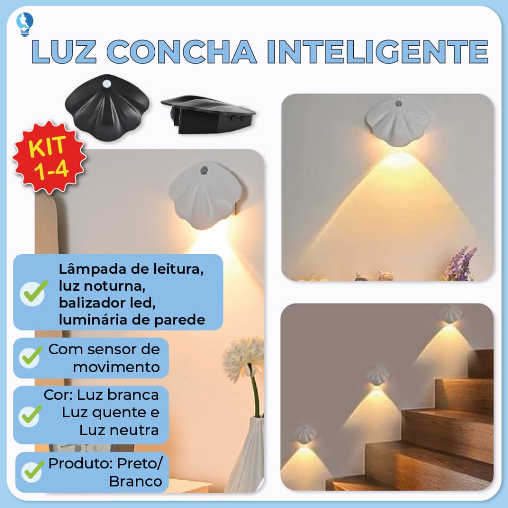 Luminária Arandela Led Concha Inteligente Com Sensor de Luz e 3 tons de luz Sem Fio