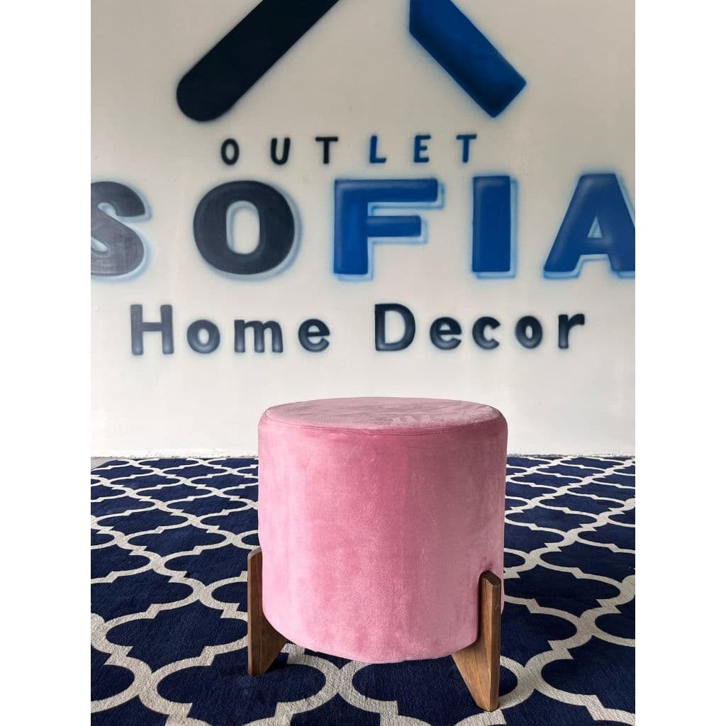 Puff Redondo Decorativo tecido veludo com Pés Madeira Maciça