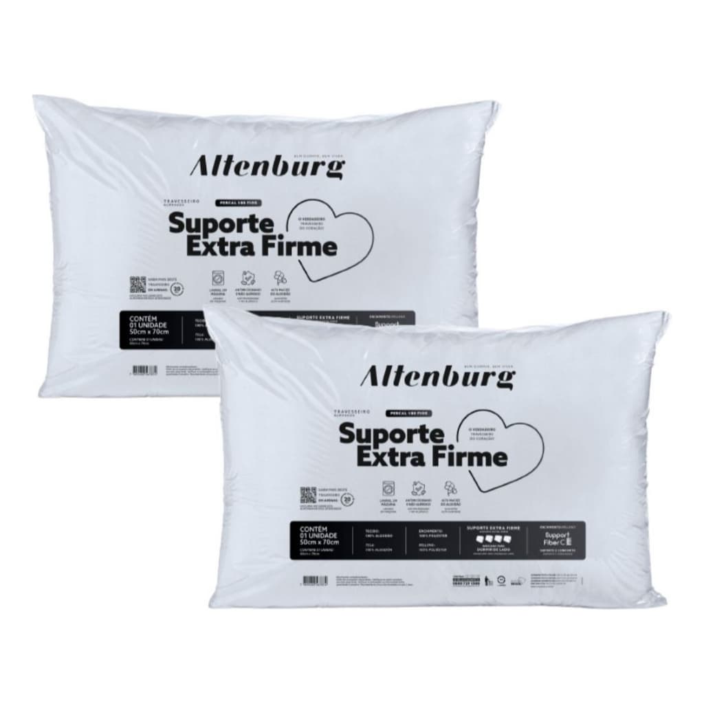 Kit 2 Travesseiros Altenburg Suporte Extra Firme 180 Fios Lavável 50cm x 70cm Branco