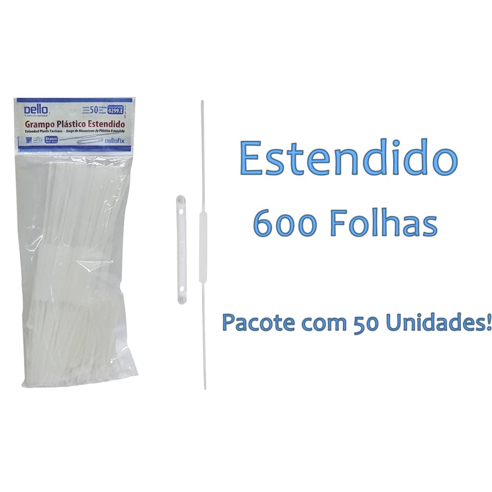 Grampo Trilho Plástico Branco Estendido 600 Folhas Com 50 Unidades Dello Dellofix 0299