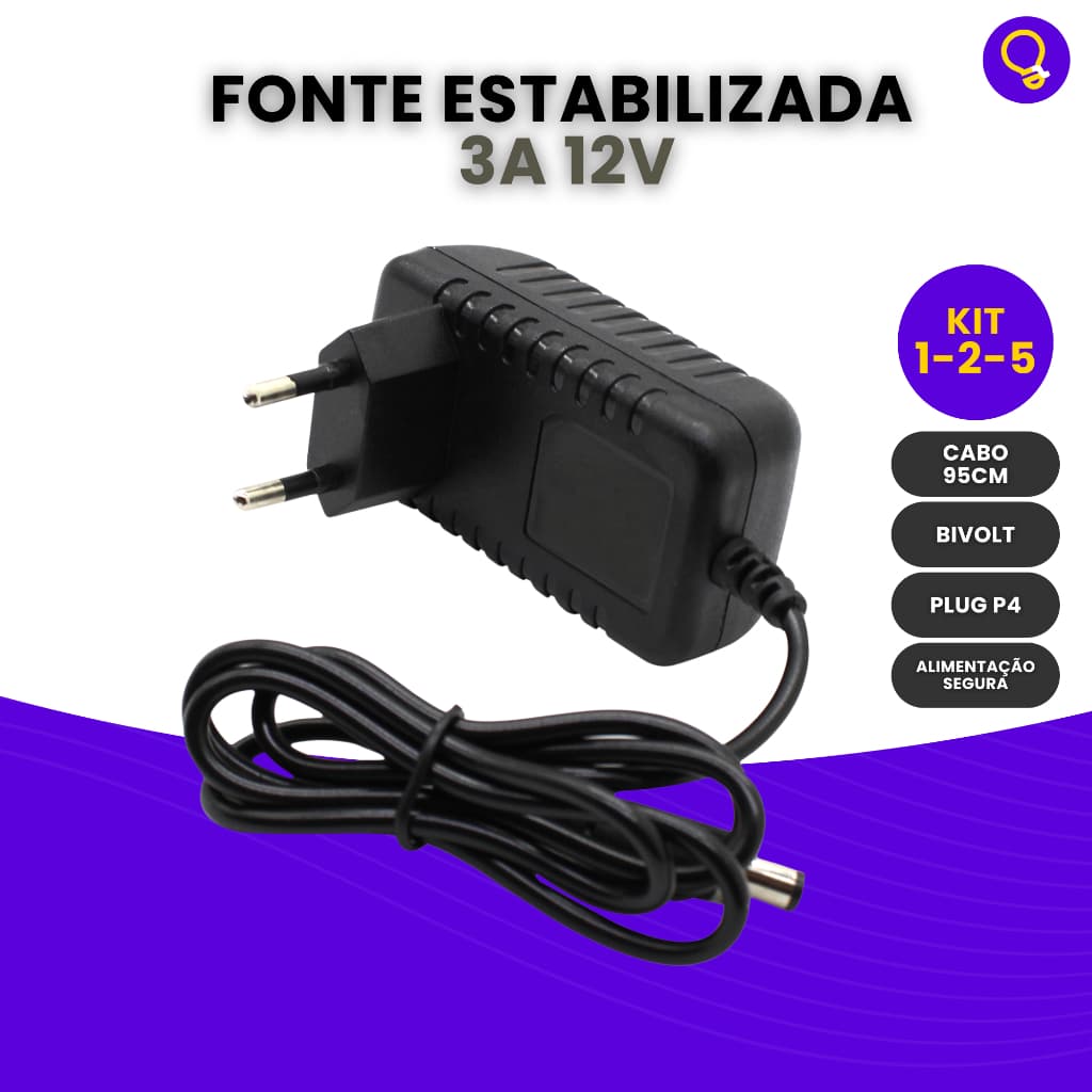 Kit Fonte 3a 12v De Alimentação Estabilizada Cftv Fita Led Bivolt