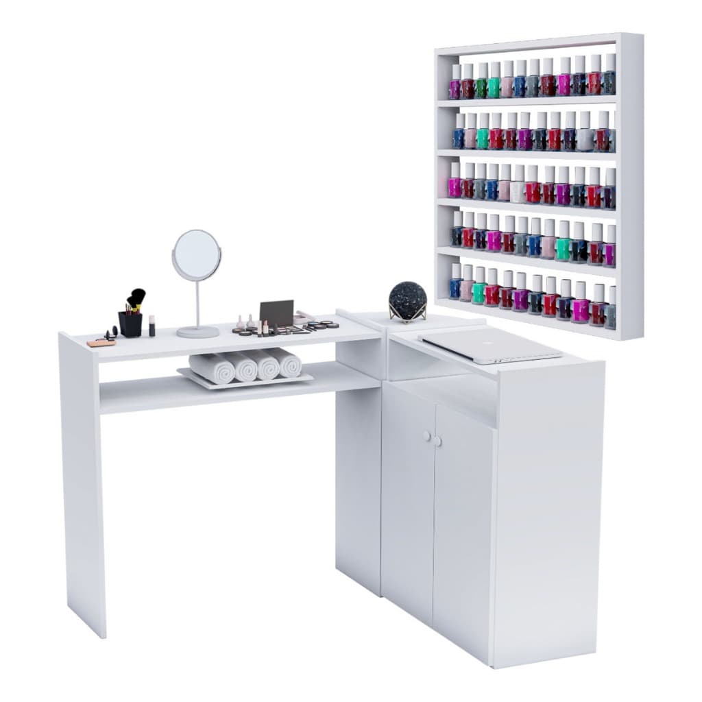 Mesa Manicure L Com Portas + Expositor Portas Esmaltes Grande Premium