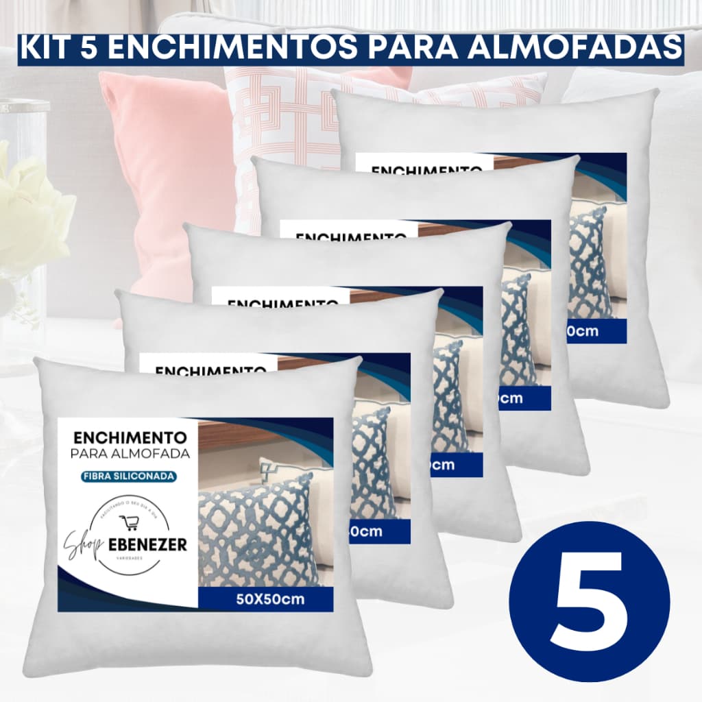 Kit 5 Enchimentos Refil Almofada 50x50cm Antialérgico Antiácaro Resistente Macio Conforto Premium