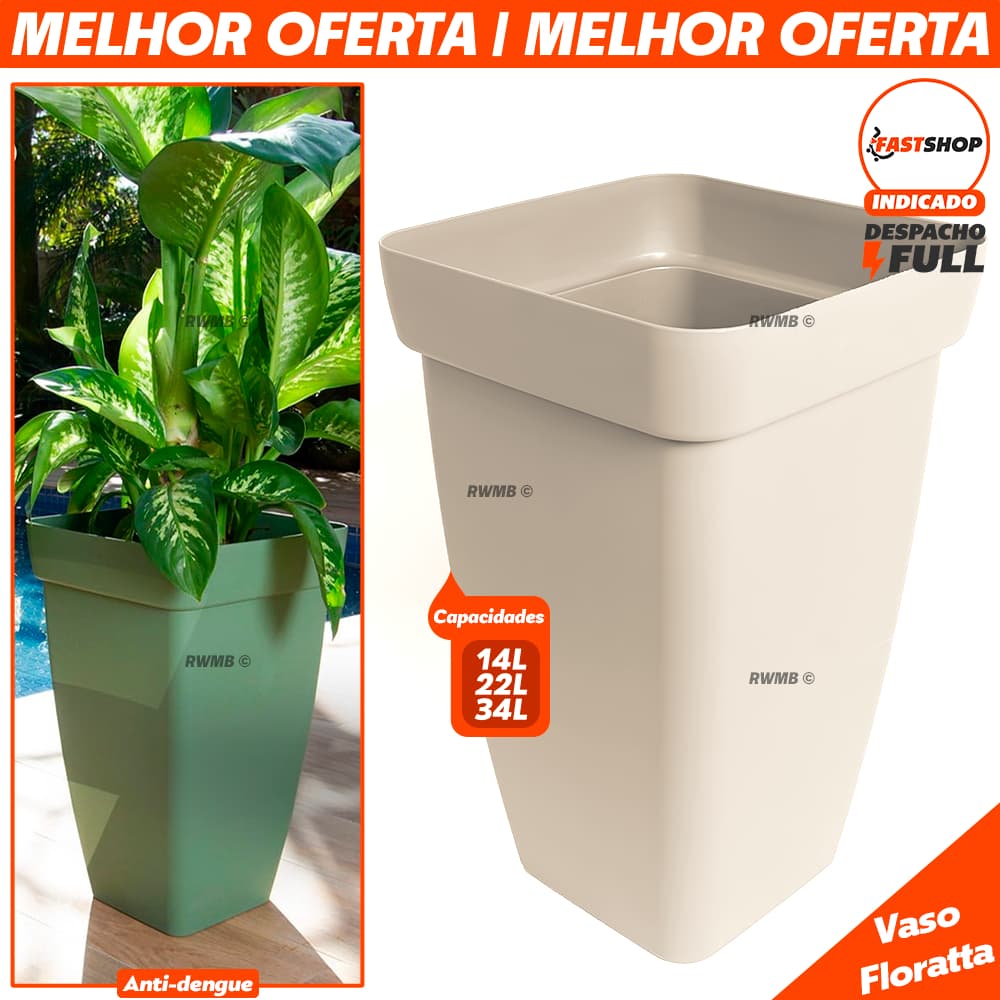 Kit 3 Vasos Grande Coluna Floratta 34L C/ Prato Anti-Dengue Vaso de Plantas Flores Arvores Jardim Jardinagem Área Aberta
