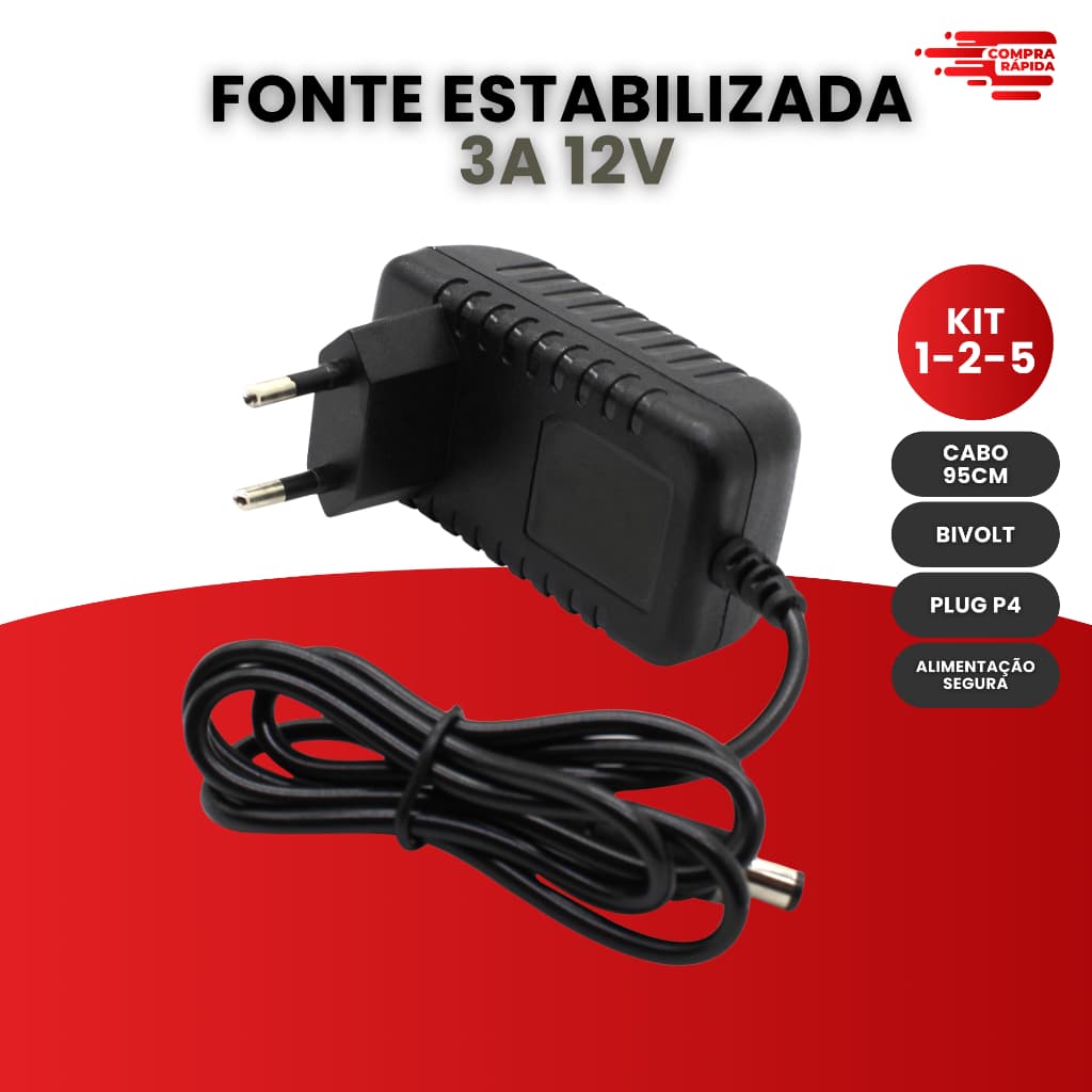 Kit Fonte 3a 12v Estabilizada De Alimentação Bivolt Cftv Fita Led