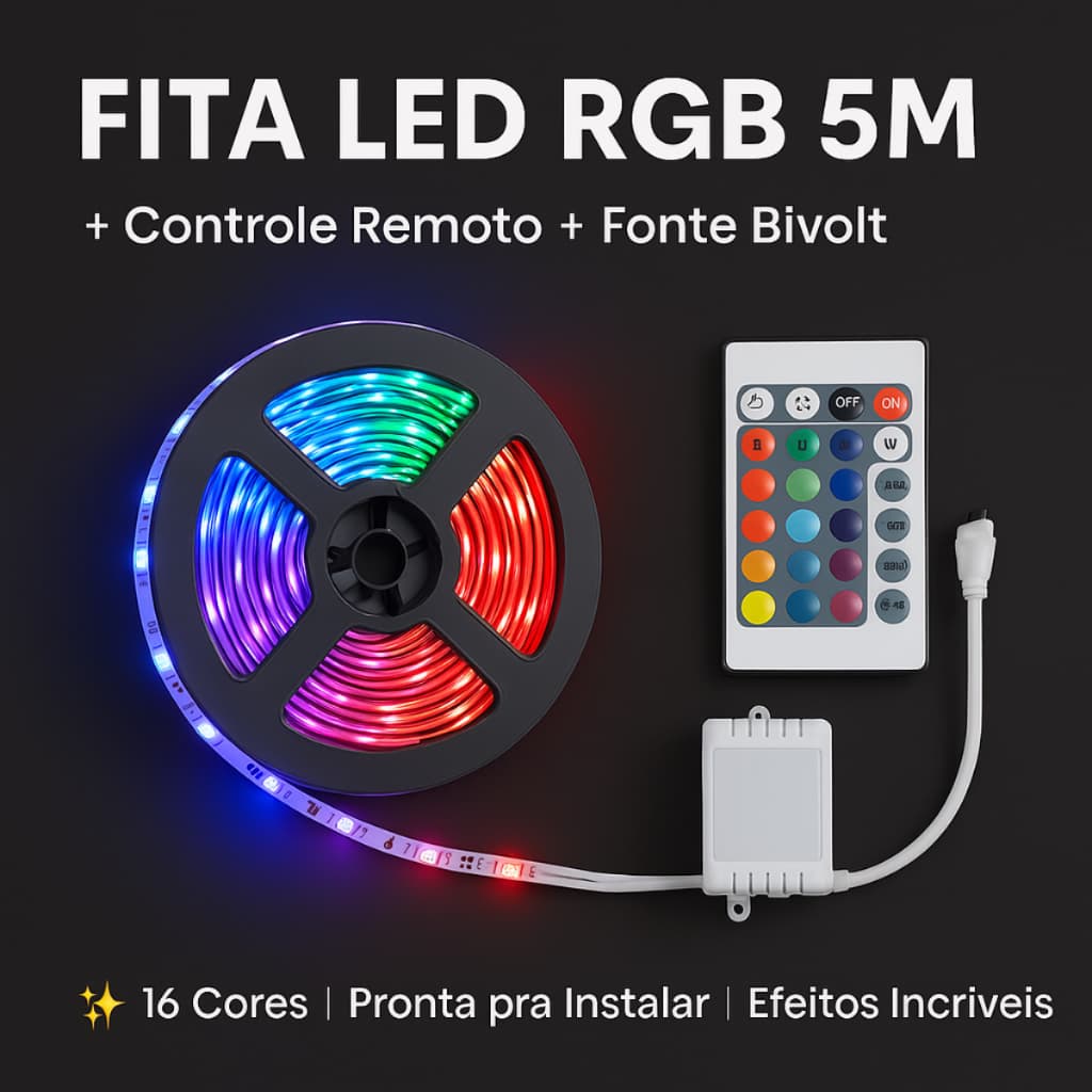 Fita de LED RGB 3528 5m: Mude as Cores, Controle Remoto e Fonte Inclusos