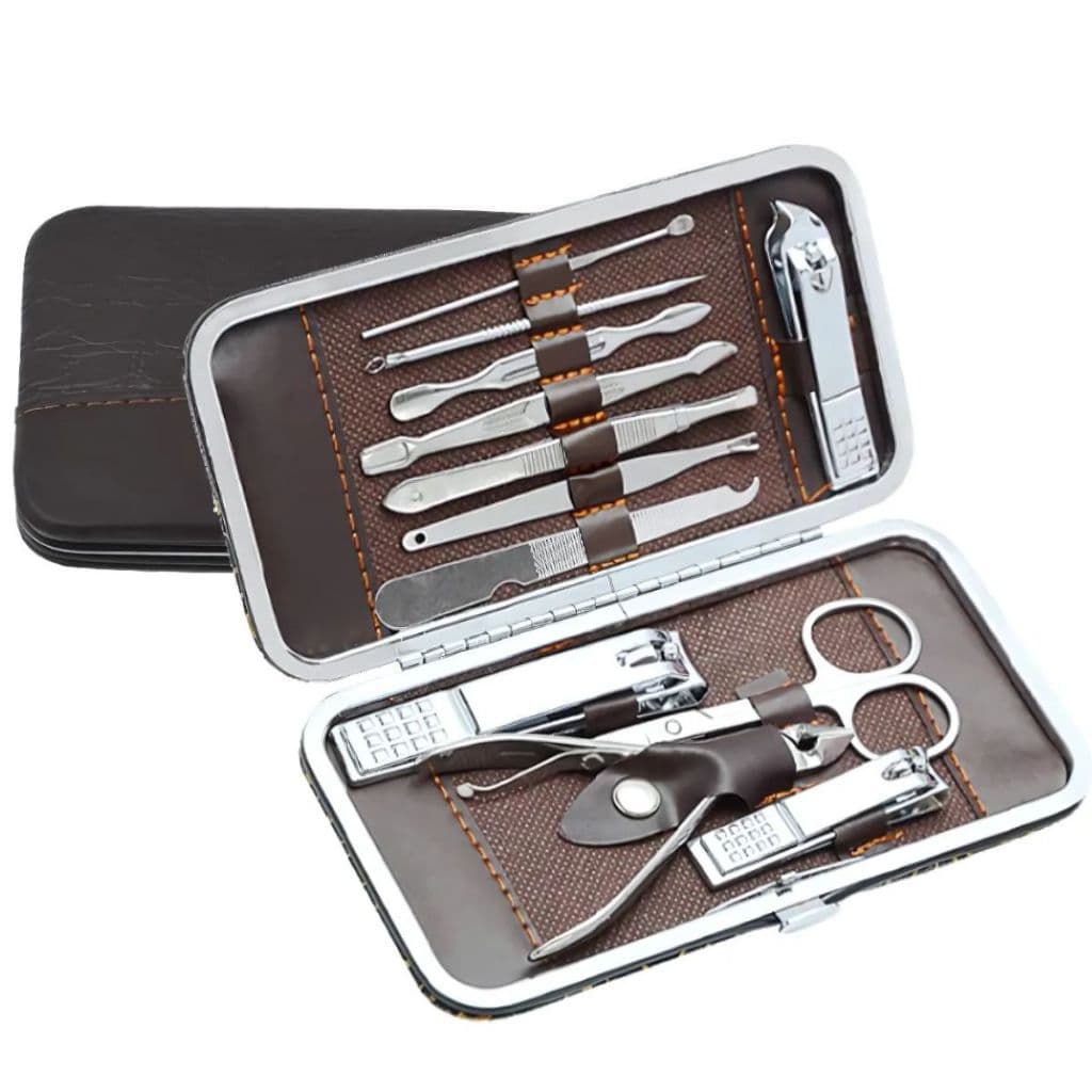Kit Manicure (605077/605100/605098) Masculino 12 Peças Com Estojo De Couro