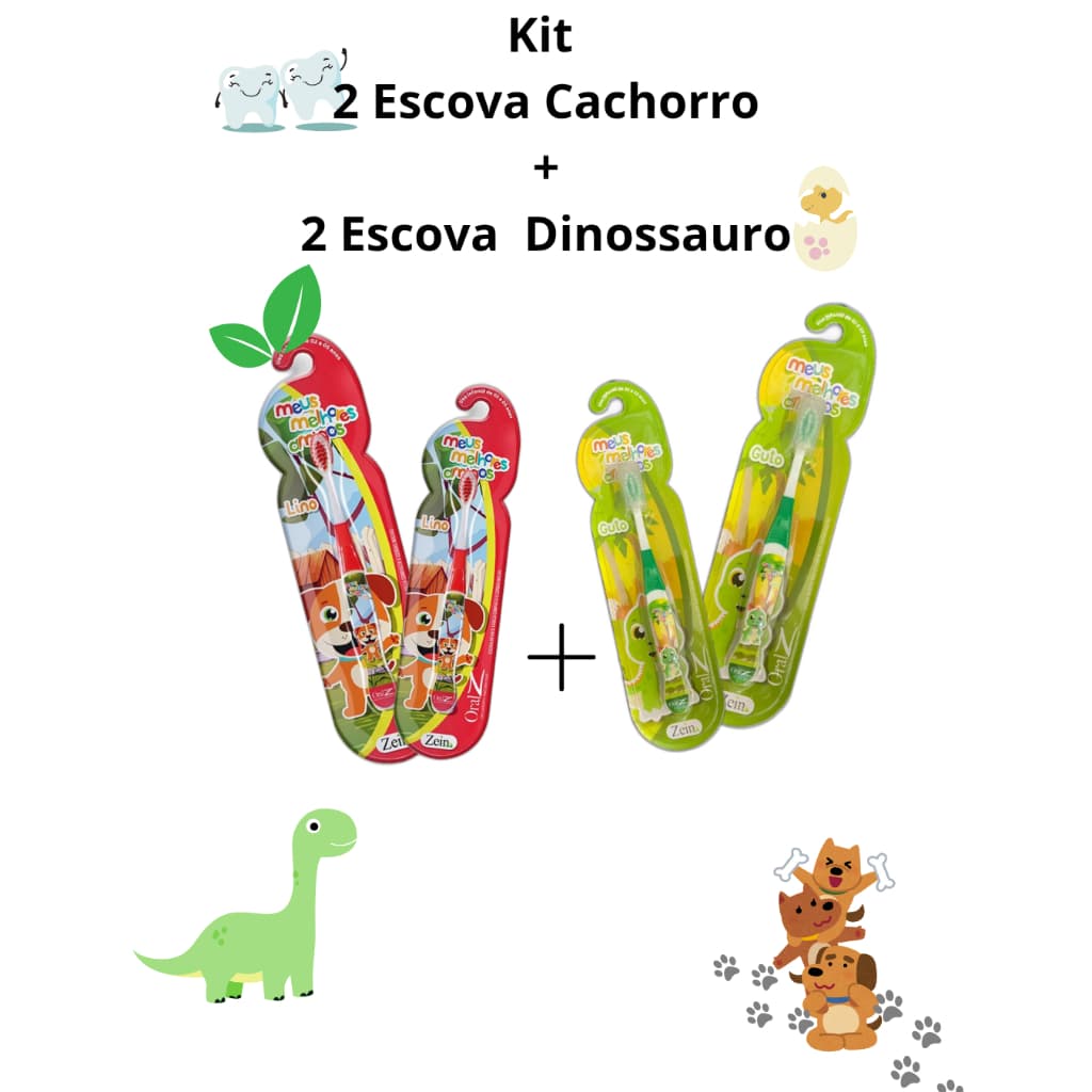 Kit 4 Escovas De Dentes Macias Infantil 2 Cachorro Vermelho + 2 Dinossauro Verde Criança