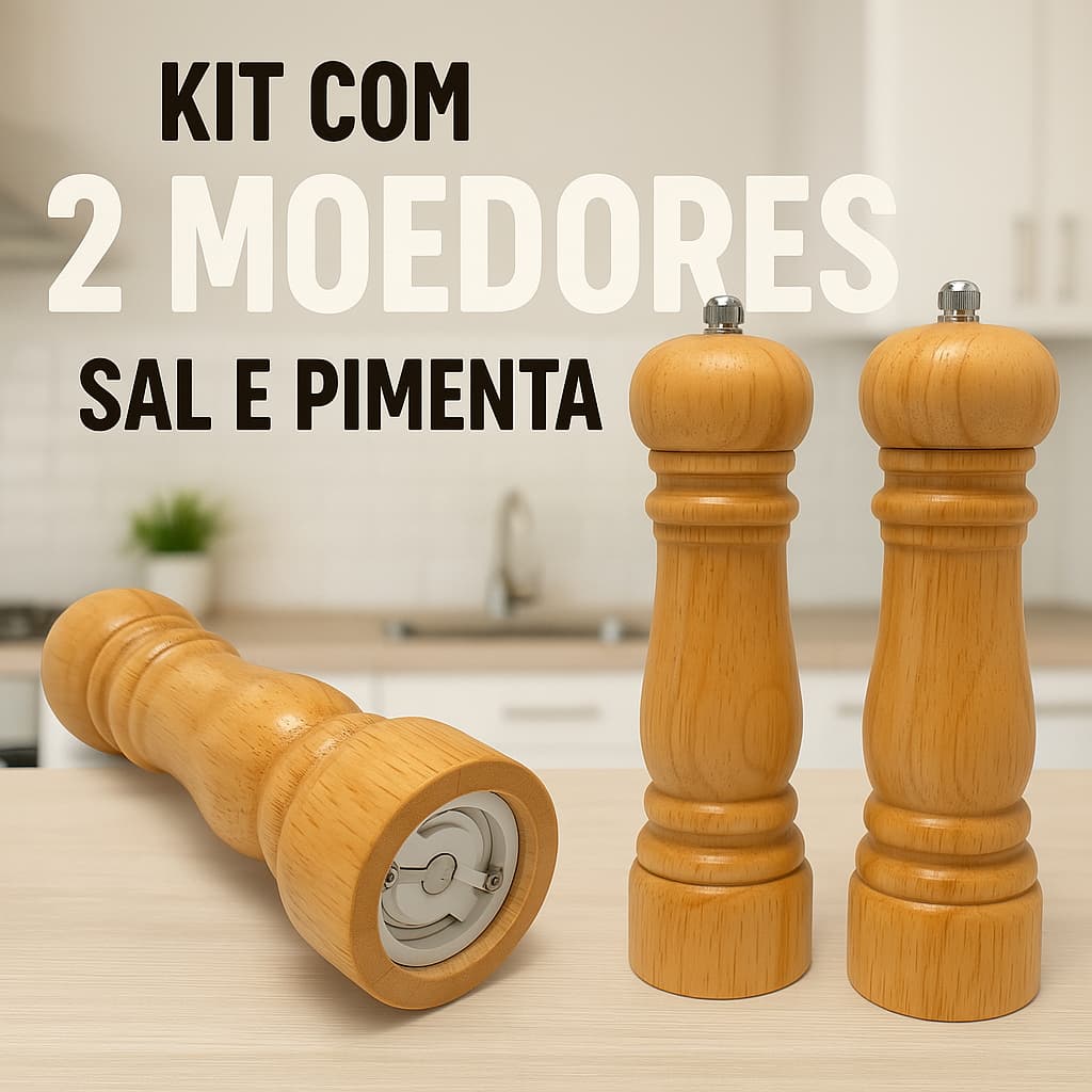 Kit com 2 Moedor de Temperos Sal e Pimenta Especiarias de Madeira 16,3Cm 21,5Cm e 26Cm de Cozinha