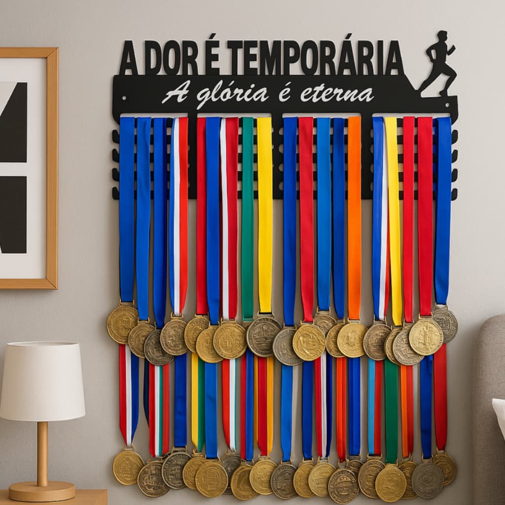 Porta Medalhas Decorativo de Parede Modelo Corrida A dor é temporária A glória é eterna em MDF 6mm