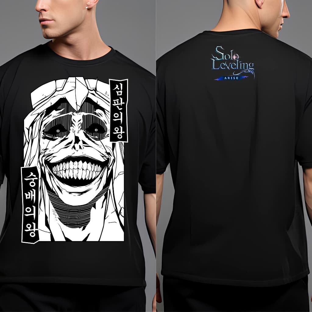 Camiseta Estampada Anime Solo Leveling Estatua Monarca Sorriso Sung Jin-Woo Estampa Não Desbota