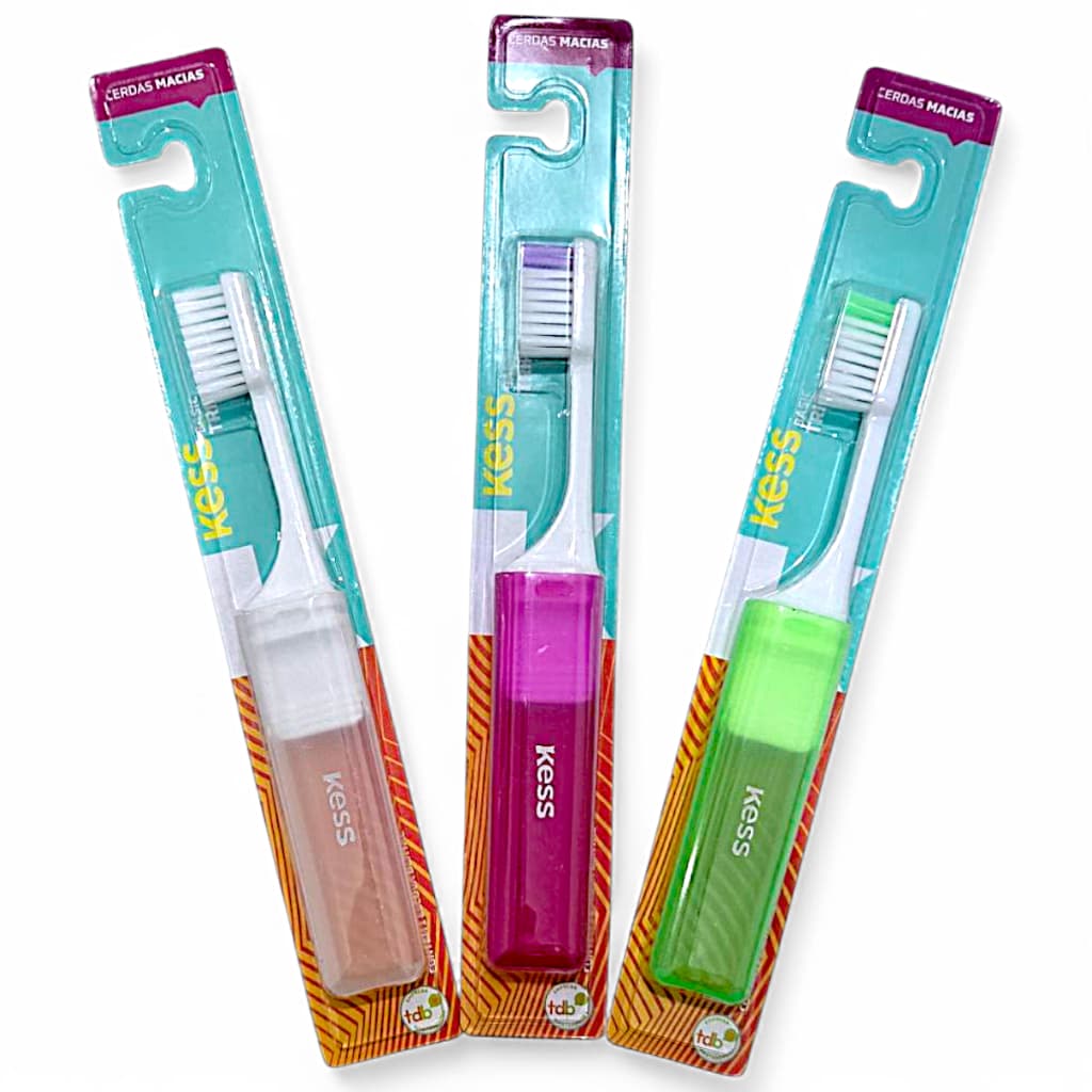 Escova de Dentes Kess Basic Trip Compacta - Cerdas Macias Com Capa Protetora para Bolsa ou Viagem