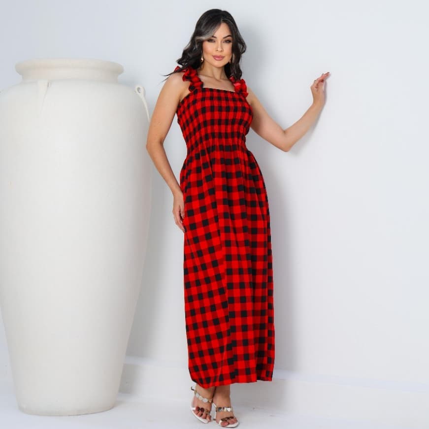 Vestido Longo Feminino Xadrez De Alça e Lastex - Tecido Crepinho