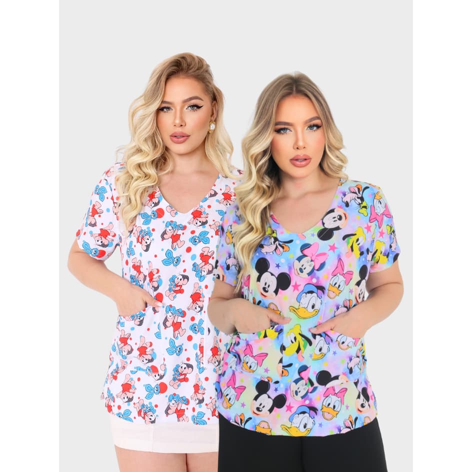 Scrub Blusa Bata Feminina Pijama Cirúrgico com Bolsos Funcionais Estampado Personagem | Várias Estampas
