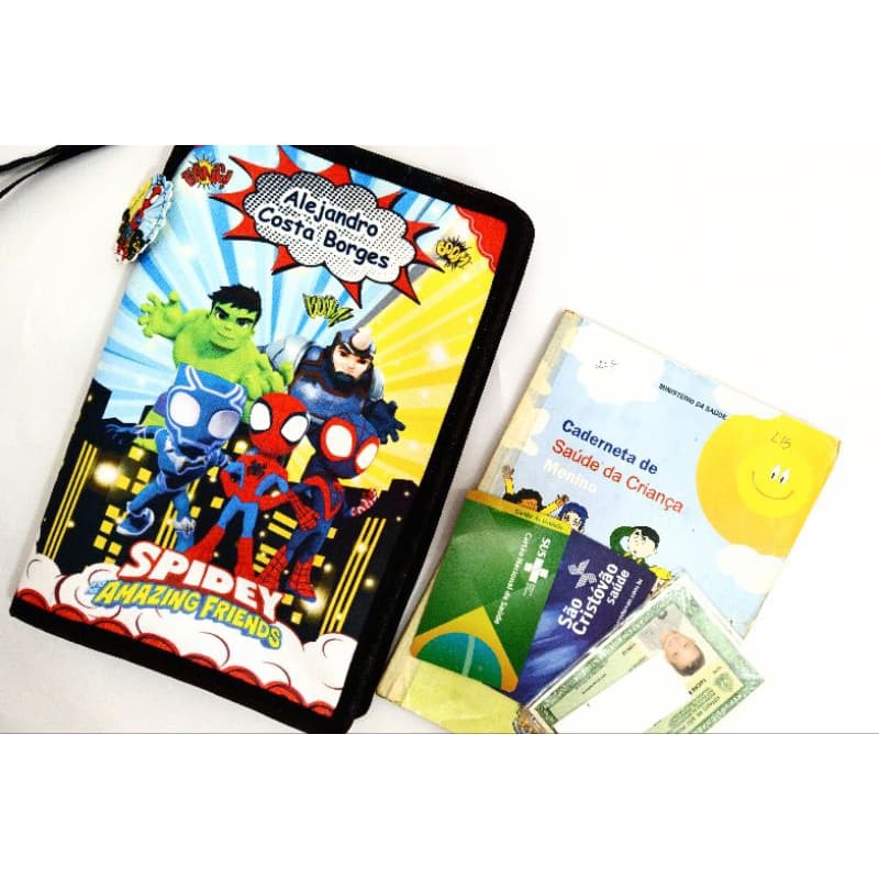 Capa para caderneta de vacina Porta documentos infantil com zíper Impermeável *SPIDEY E SEUS AMIGOS*