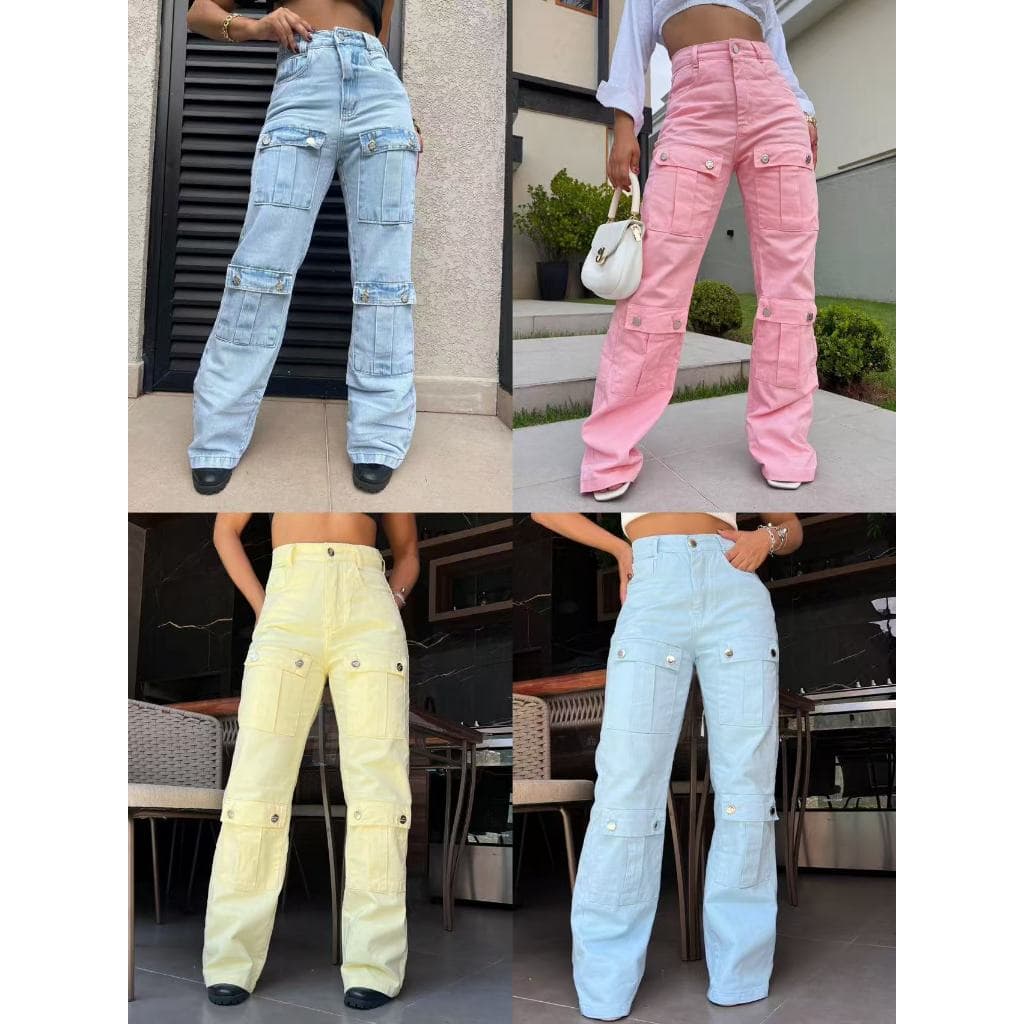 Calça Jeans Cargo Femininas de mais bolso / wide leg /Colorida /Pantalona Feminina Moda Street  Tecido Algodão Premium