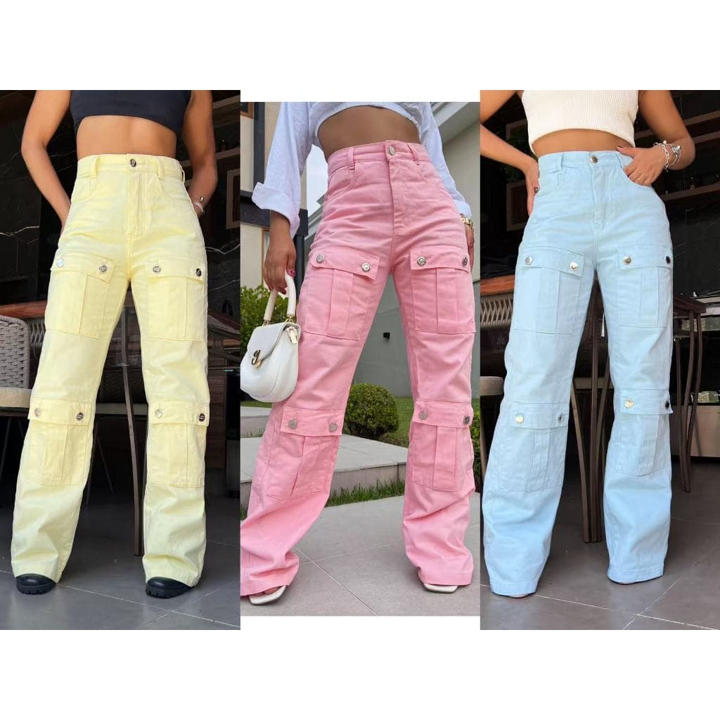 Calça Cargo Jeans  FEMININA de mais bolso / wide leg /Colorida /Pantalona Feminina Moda Street  Tecido Algodão Premium