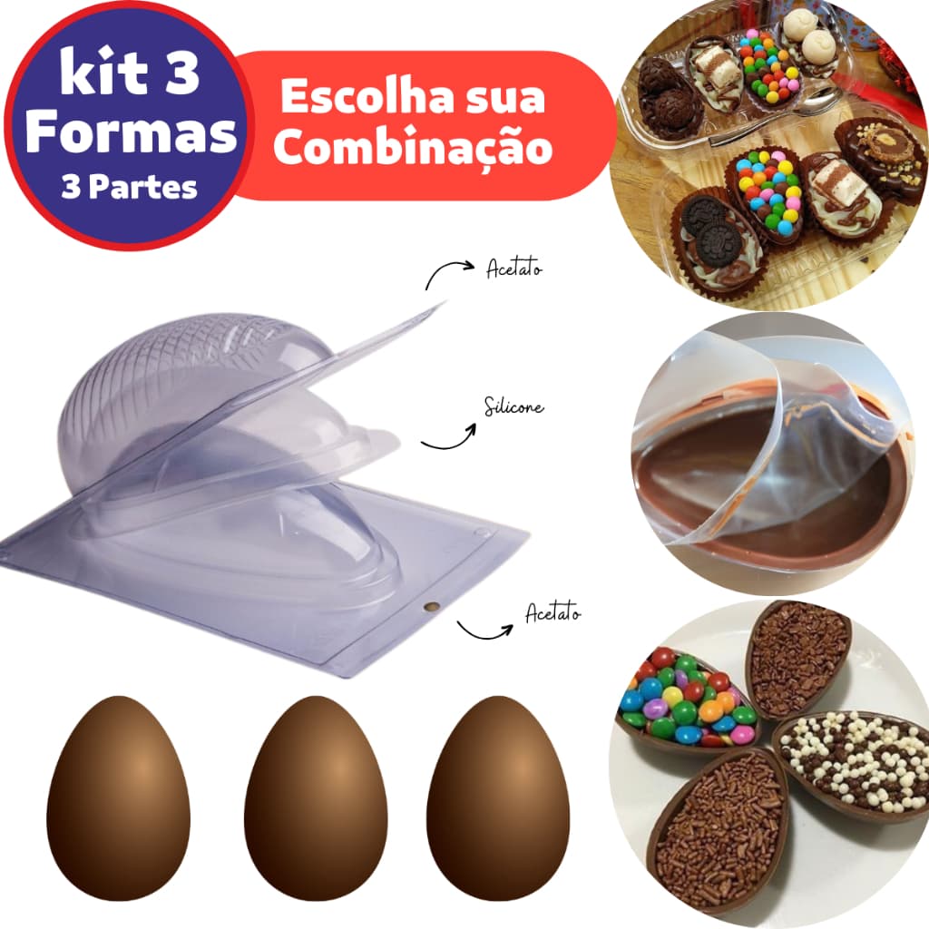 Kit 3 Formas Ovo Páscoa Chocolate 50/100/150/250/350/500g C/ Silicone Trufa BomBom