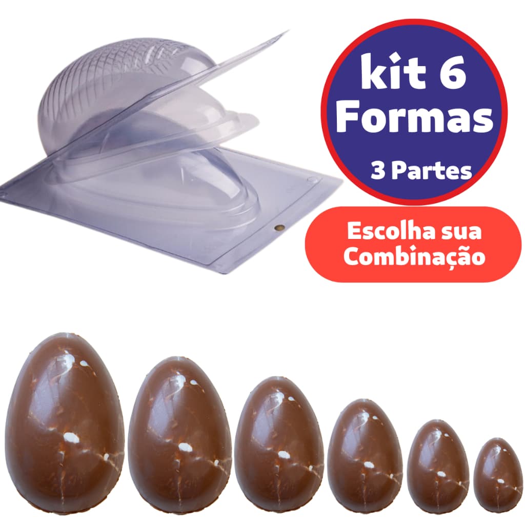 Kit 6 Formas Ovo Páscoa 50/100/150/250/350/500g Chocolate C/ Silicone Atacado Suporte Copinho BWB