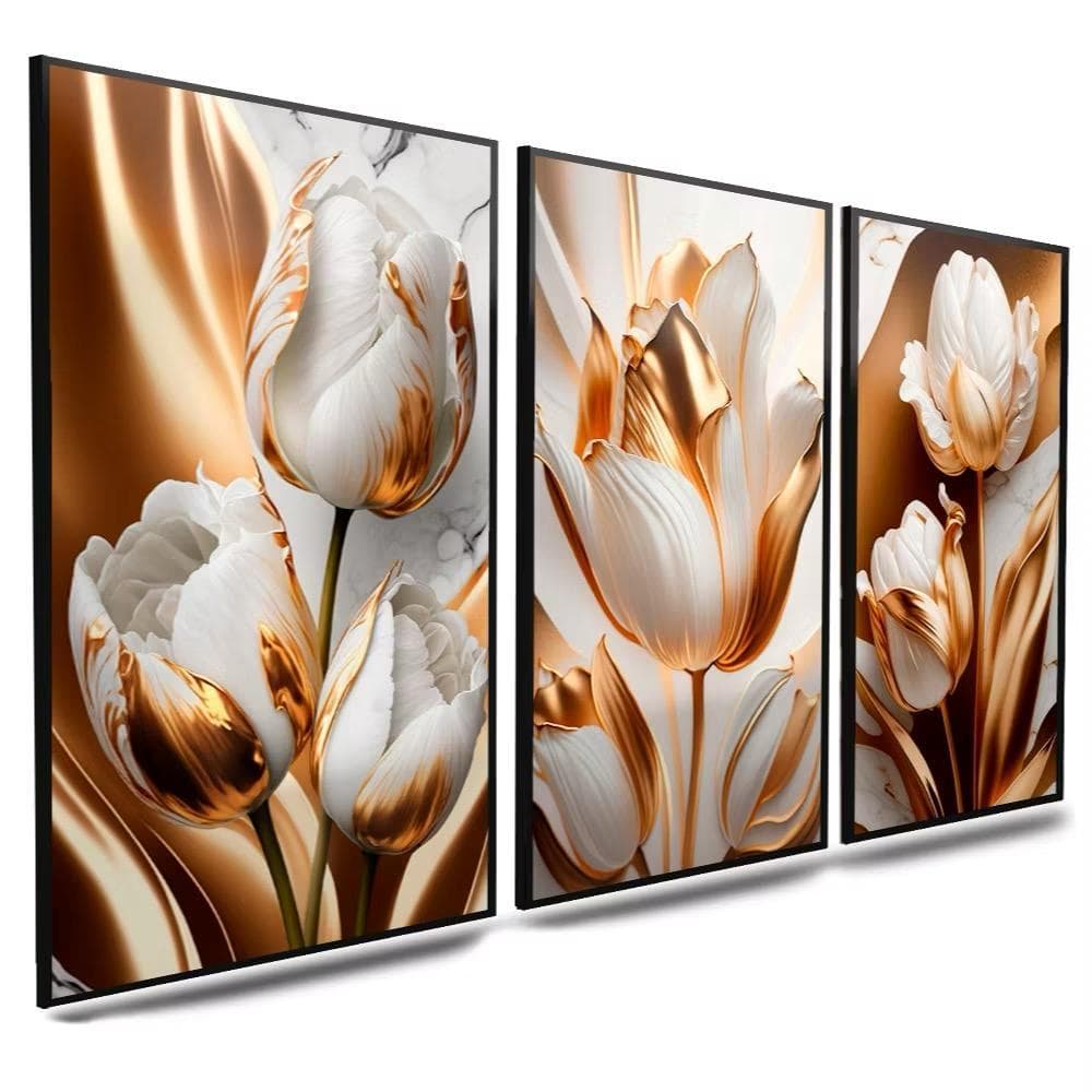 kit quadros tulipas ouro brilhantes 3 peças para sala quartos luxos tulipas flores ouro