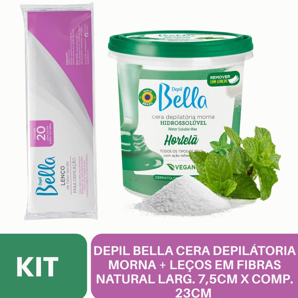 KIT Depil Bella Cera Depilatória Morna Hidrossolúvel Hortelã + Lenços em Fibra Natural com 20 Folhas 7,5cm x 23cm