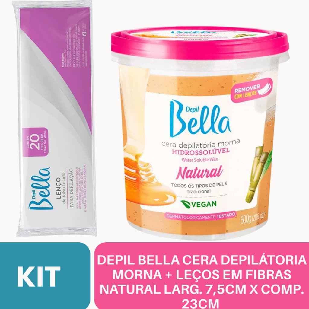 KIT Depil Bella Cera Depilatória Morna Hidrossolúvel Natural 600g+ Lenços em Fibra Natural com 20 Folhas 7,5cm x 23cm