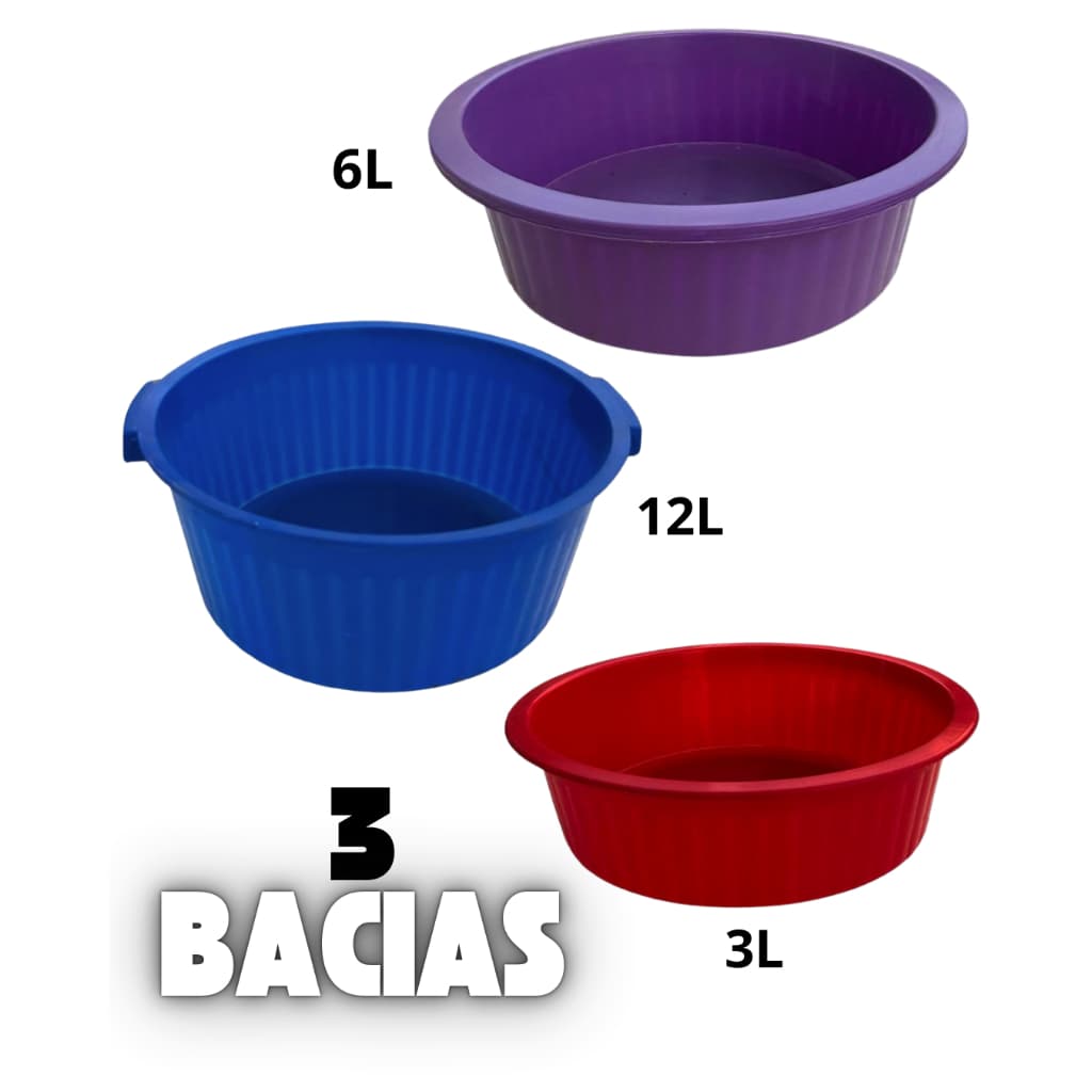 Conjunto de 3 Bacias Plásticas (12L, 6L e 3,5L)