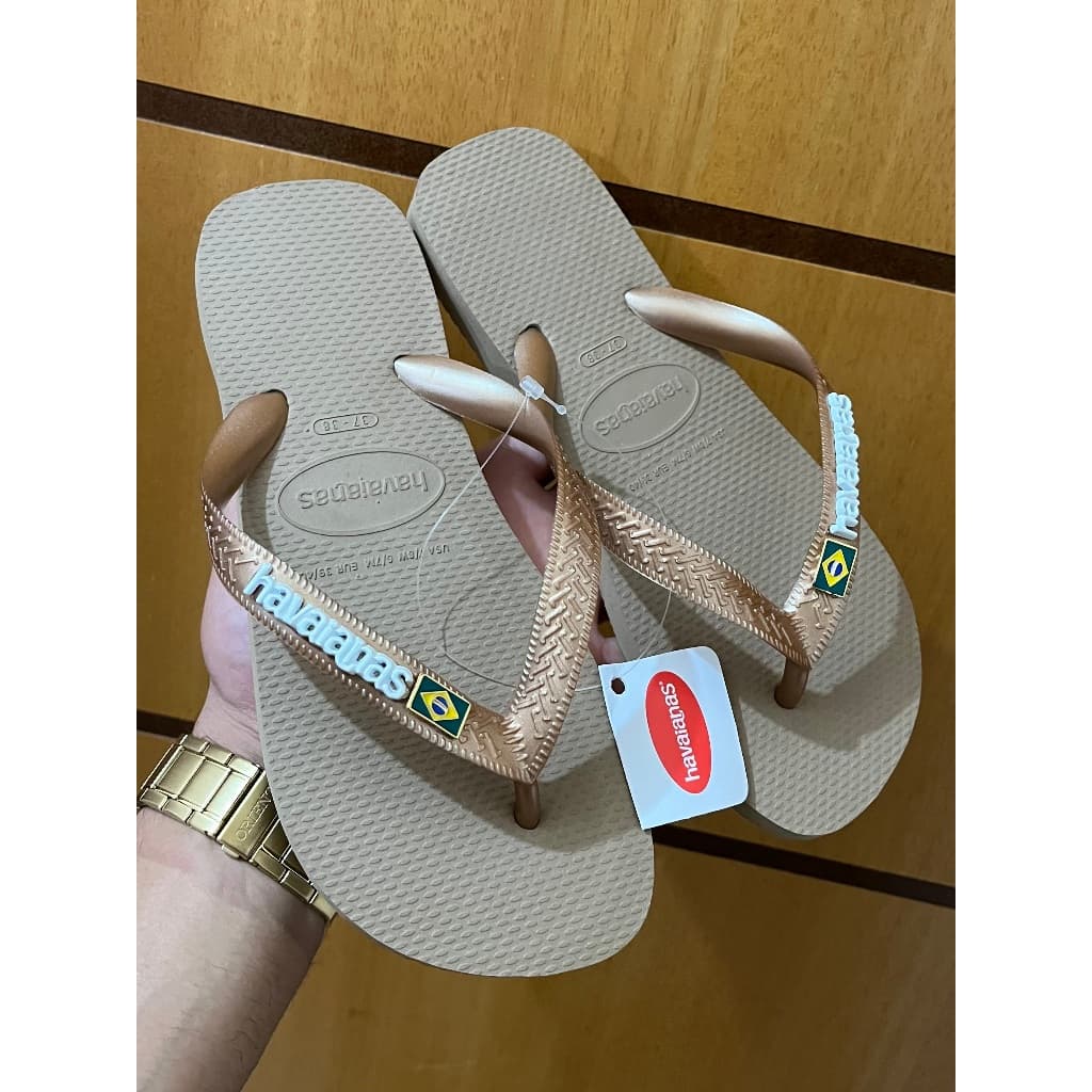 Chinelo Havaianas Top Brasil Logo Bege Bandeira Original Customizada Rose Gold Metalizado Metal Marr