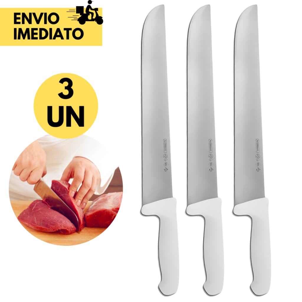 Kits 3  ou 1 Faca Profissional 10"  Açougue Top Chef Inox Cabo Branco Lâmina Aço Inox Churrascaria