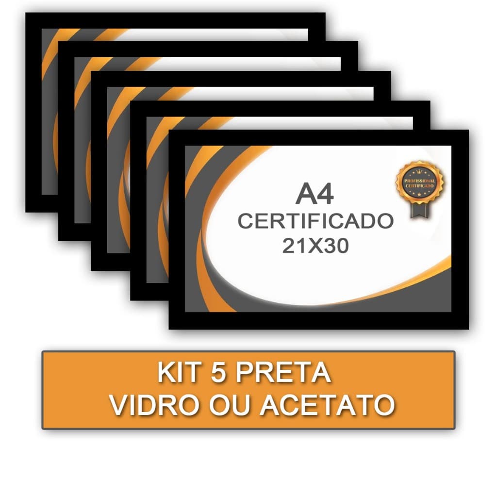 Kit 5 Moldura para Quadro Certificado PRETO A4 21X30 - Vidro ou Acetato