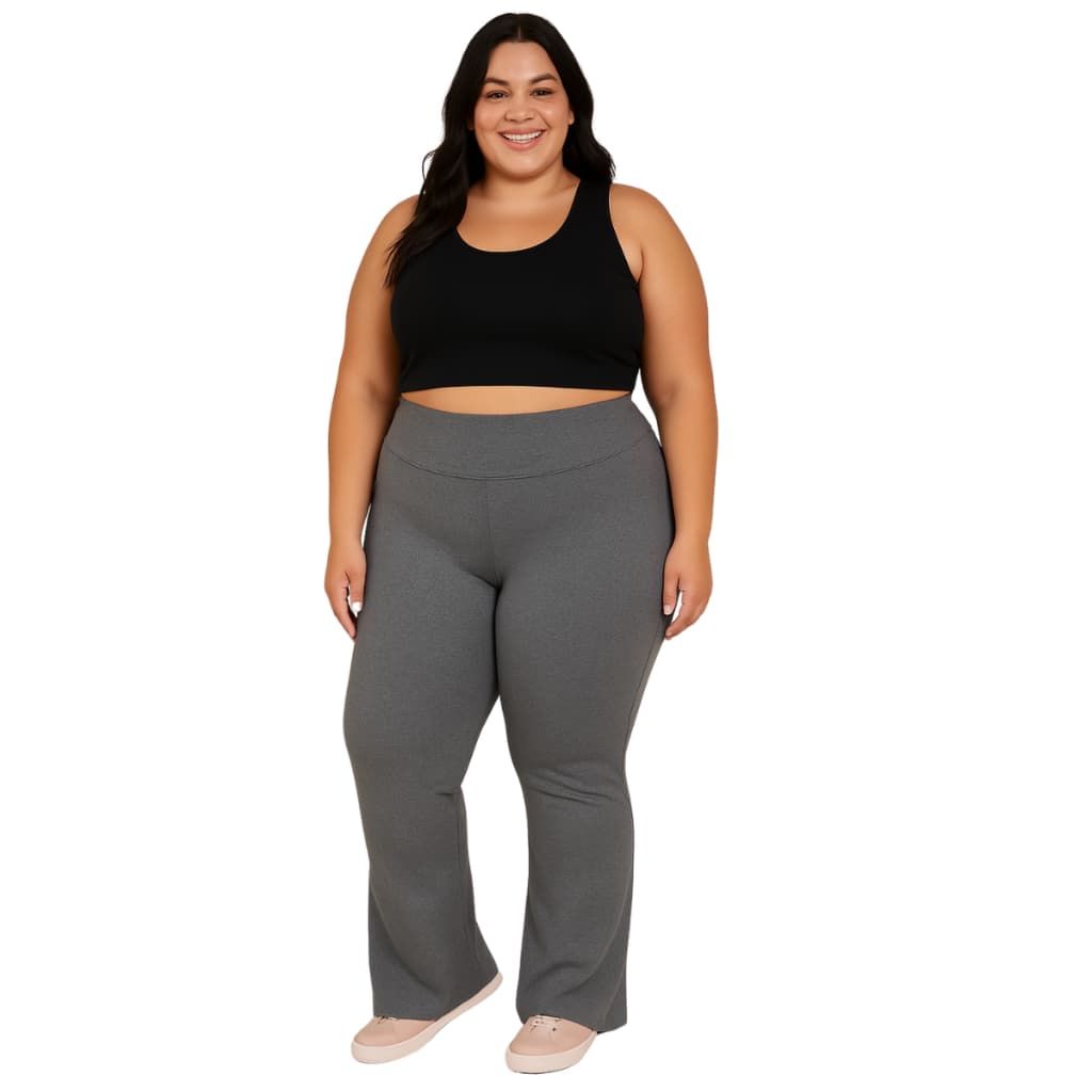 CALÇA FLARE PLUS SIZE BOCA DE SINO FEMININA LEGGING SUPLEX CINTURA ALTA LEVANTA O BUMBUM PRETA E CINZA FEMININO