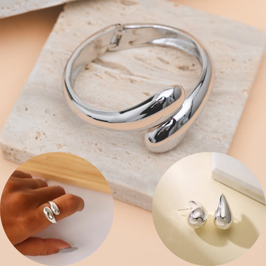 Pulseira de prata gota d'água, anel de prata, brincos de prata, conjunto de três peças mais vendido