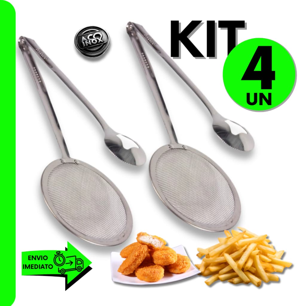 Kit Escumadeira Com Pegador em Inox P/ Fritura e Agua Quente do Chef para Cozinha Bar e Restaurante
