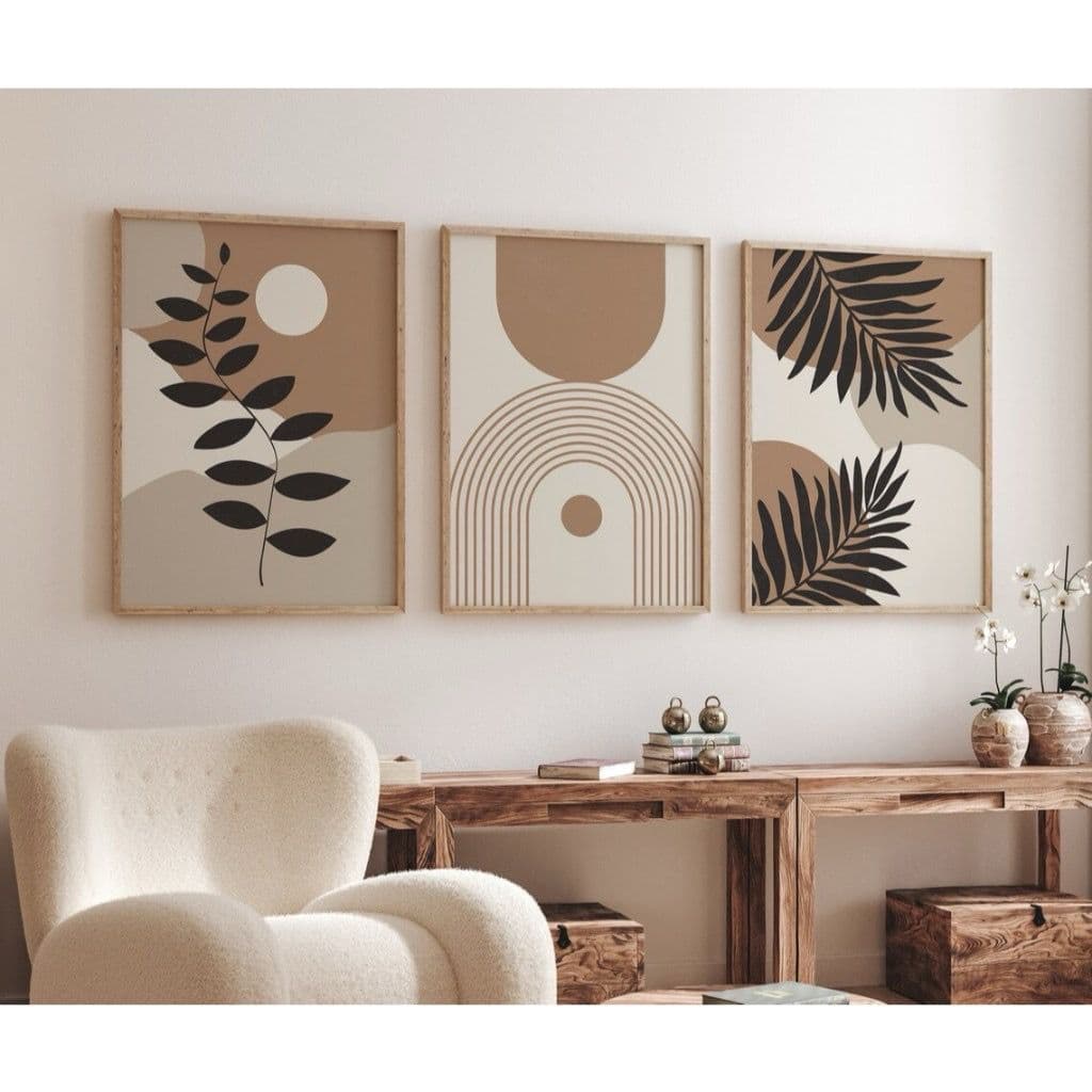 Quadro Decorativo 3 Peças Mosaico Trio Folhagem Folhas Secas Neutro Moderno