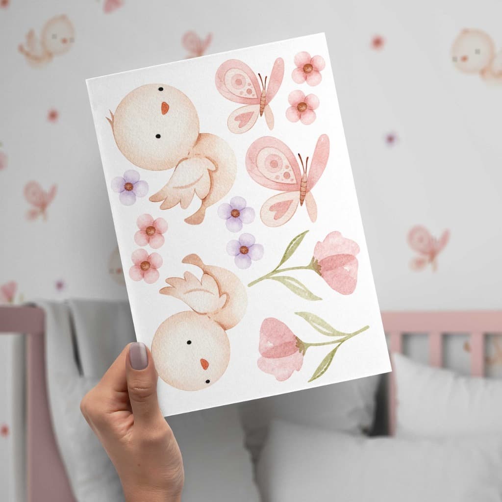 KIT COM 156 ADESIVOS PARA PAREDE FLORAL, PASSARINHOS E BORBOLETAS AQUARELA - MENINA
