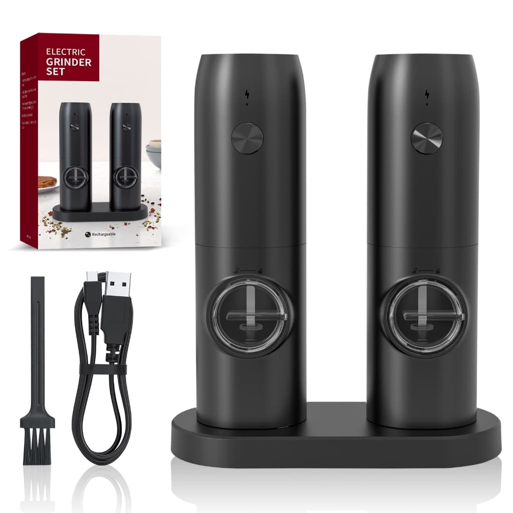 Moedor Elétrico de Temperos 2 em 1 - Sal e Pimenta, USB-C, LED, Moagem Ajustável, 70ml
