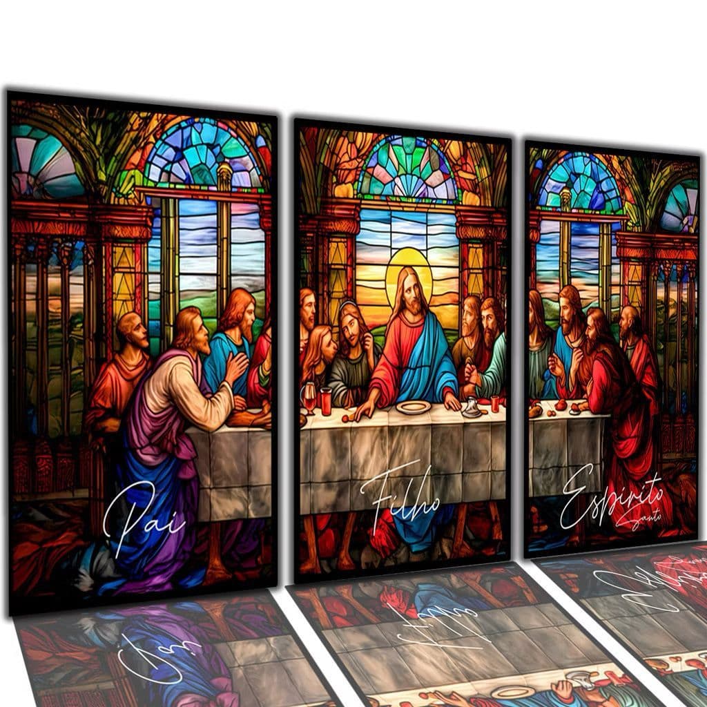 Quadro Decorativo Kit 3 Peças Santa Ceia Vitral Arte Jesus Nossa Senhora Religioso Sala Quarto