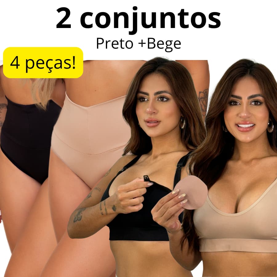 Kit 2 Conjuntos Calcinha Pós Parto Cintura Alta e Sutiã Amamentação Confortável Gestante Maternidade
