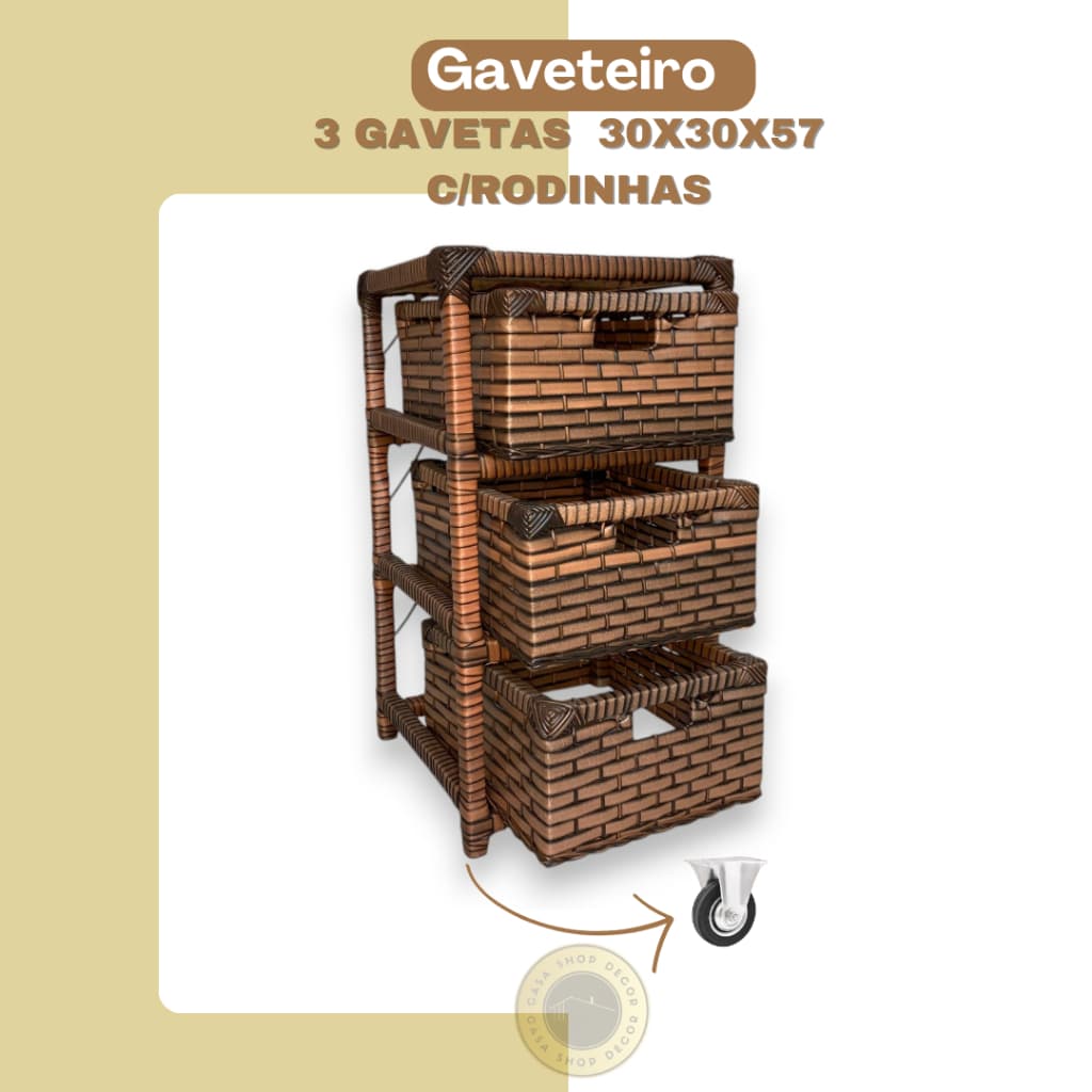 Gaveteiro Organizador Fibra Sintética 3 Gavetas 30x30x57 c/rodinhas Quarto Banheiro Luxo(Já Montado)