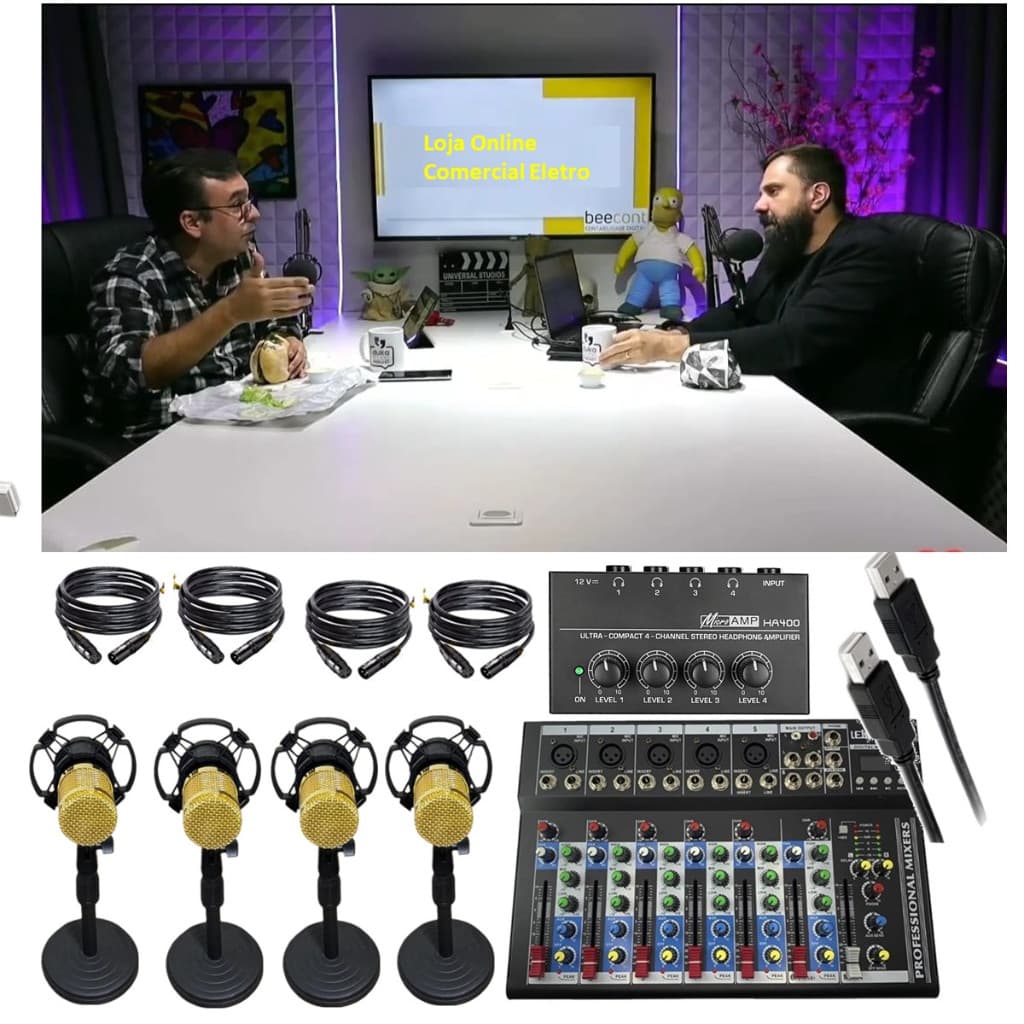 Novo Sistema de Audio Para Podcaster Mixer Mesa Interface USB C/ 4 Microfones Studio Condensador