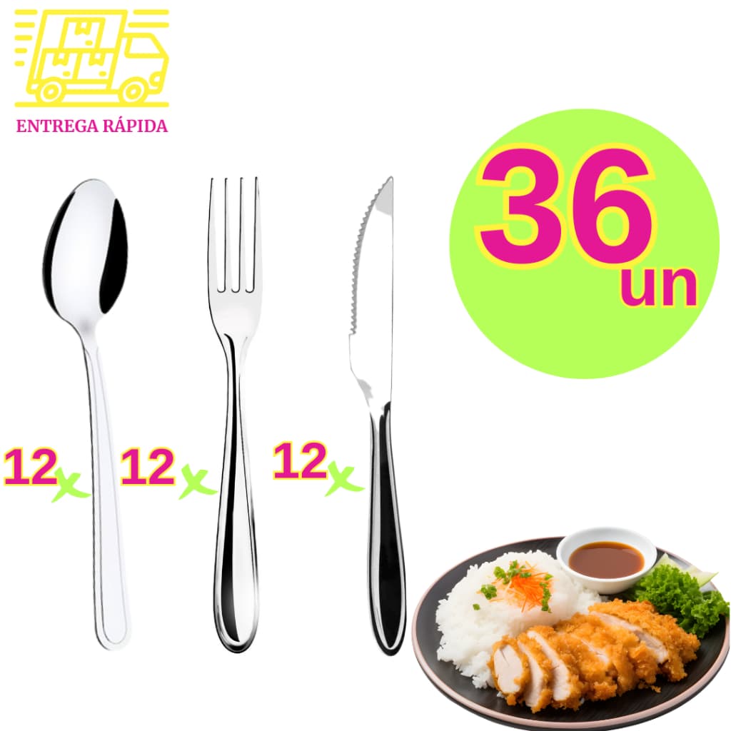 Talheres Aço Inox 36 pçs -12 Garfos 12 Colheres 12 Facas Mesa Churrasco Essenciais Preparo e Consumo