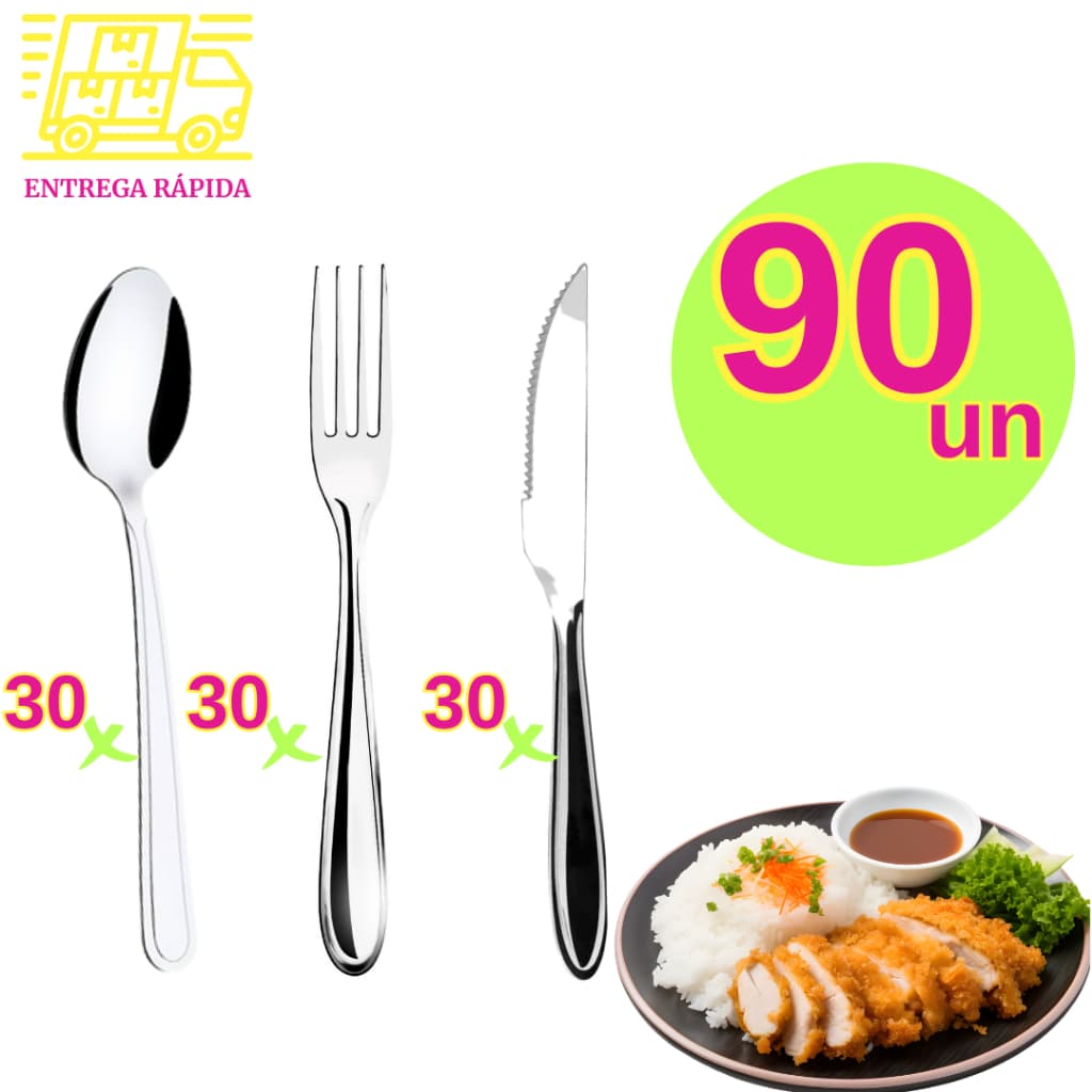 Jogo Talheres Aço Inox 90 peças -30 Garfos, 30  Colheres e 30 Facas Mesa Churrasco Preparo e Consumo