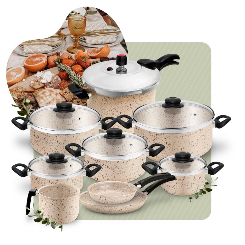Jogo de Panelas Resistente Antiaderente Baunilha  Grill Com Panela de Pressão 4,5l + Frigideiras 9p