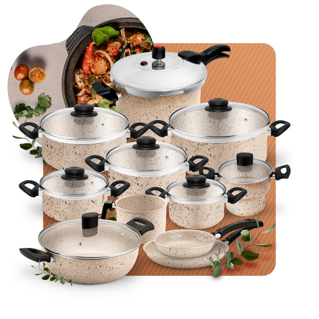 Hiper Jogo de Panelas Antiaderente Baunilha  Cream + Pressão 4,5l + Wok Gourmet + Frigideiras 11pc