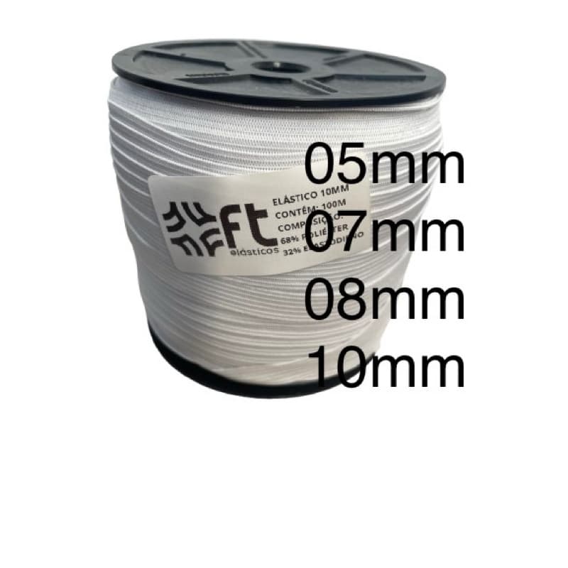 KIT elástico chato rolo com 100 metros 5 mm, 7mm, 8 mm, 10 mm