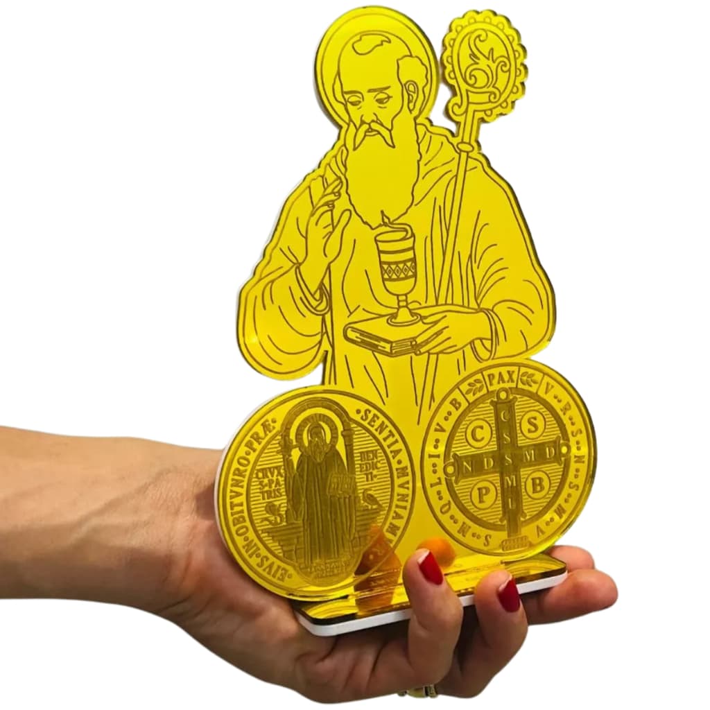 Medalha Religiosa de São Bento em Acrílico Espelhado 18x13cm Design Moderno Elegante para Decoração