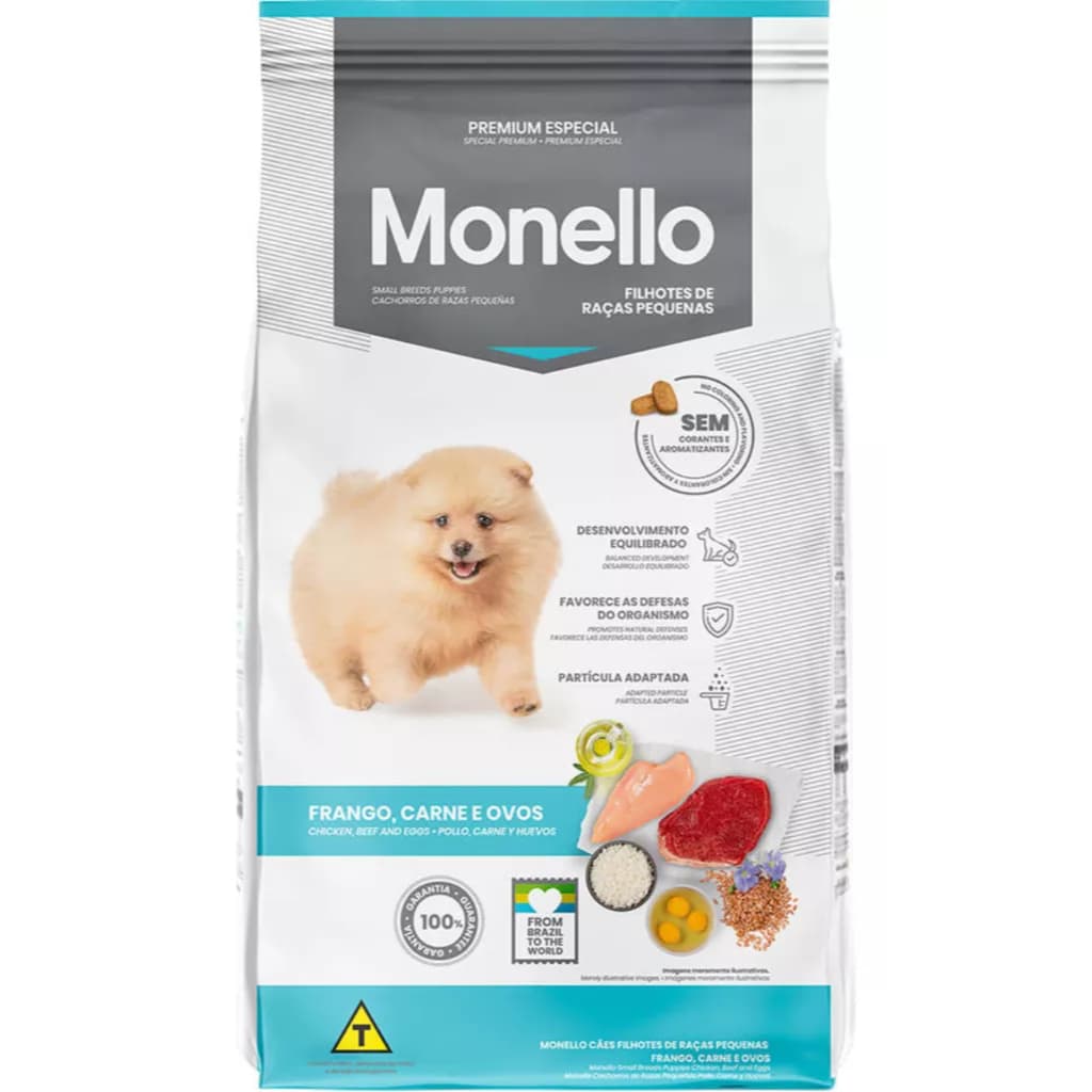 Monello Cães Filhotes Raças Pequenas sabor frango carne e ovo 1kg