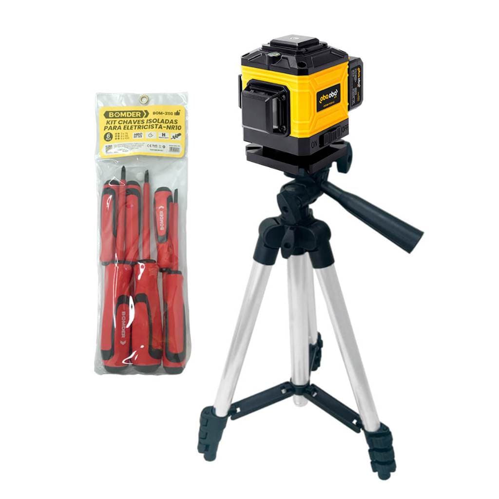 Nível Laser 3D 12 Linhas Autonivelante Recarregável Tripé Profissional e Kit Chaves Isoladas